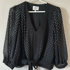 McGuire 3/4 Sleeve Black silky top with grey sequin appliqués. Size Large.